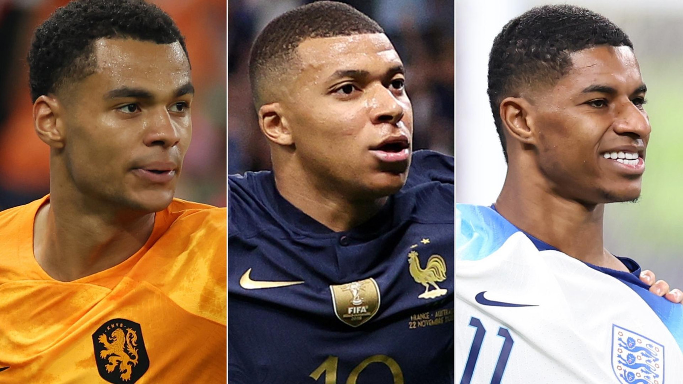 Gakpo, Mbappe và Rashford (từ trái sang) đều đã có 3 bàn. Gakpo, Mbappe và Rashford (từ trái sang) đều đã có 3 bàn.