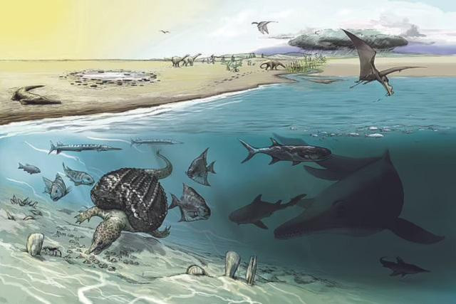 Ảnh minh họa về môi trường sống và các loài động vật, bao gồm loài Ichthyosaur khổng lồ khoảng 205 triệu năm trước. Ảnh Daily Mail