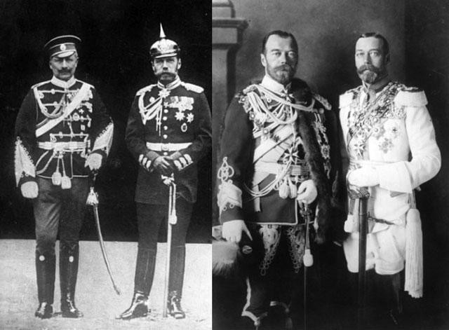 Ảnh trái: Kaiser Wilhelm II của Đức (trái) với Nicholas II (phải) vào năm 1905. Ảnh phải: Sa hoàng Nicholas II (trái) và Vua George V (phải) ở Berlin 1913. Ảnh trái: Kaiser Wilhelm II của Đức (trái) với Nicholas II (phải) vào năm 1905. Ảnh phải: Sa hoàng Nicholas II (trái) và Vua George V (phải) ở Berlin 1913.