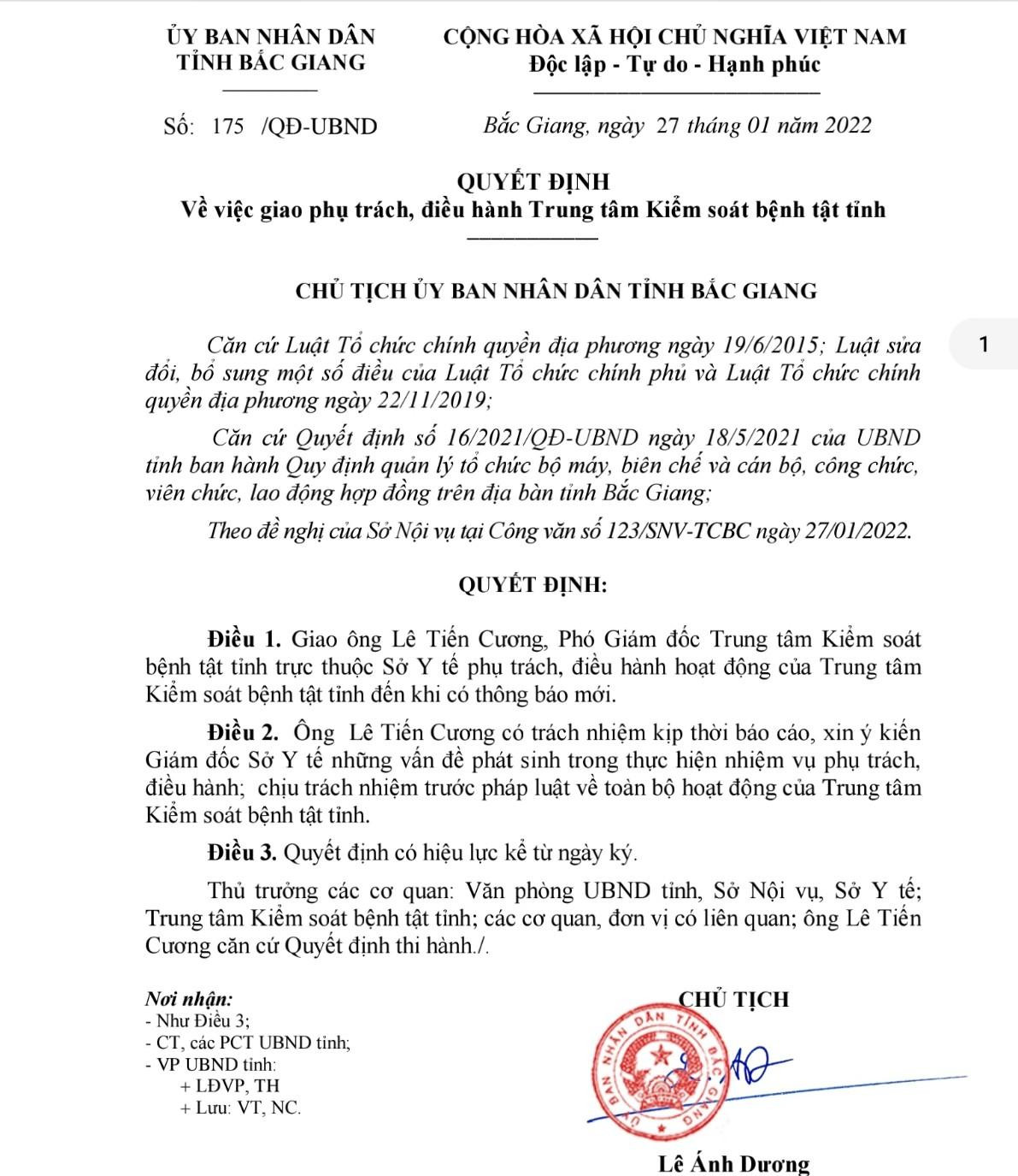 Quyết định giao nhiệm vụ cho ông Lê Tiến Cương Quyết định giao nhiệm vụ cho ông Lê Tiến Cương