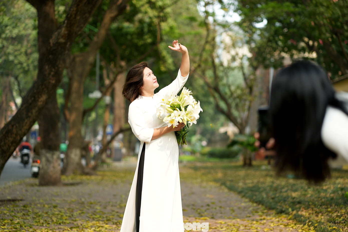 Chị Phan Hải Quỳnh chia sẻ: "Tôi và nhóm bạn tới đây chụp ảnh check in lần thứ 3. Với những người yêu khoảnh khắc thiên nhiên lãng mạn như chúng tôi thì không thể bỏ lỡ khung cảnh lá vàng phủ kín lối hiếm gặp trong năm".