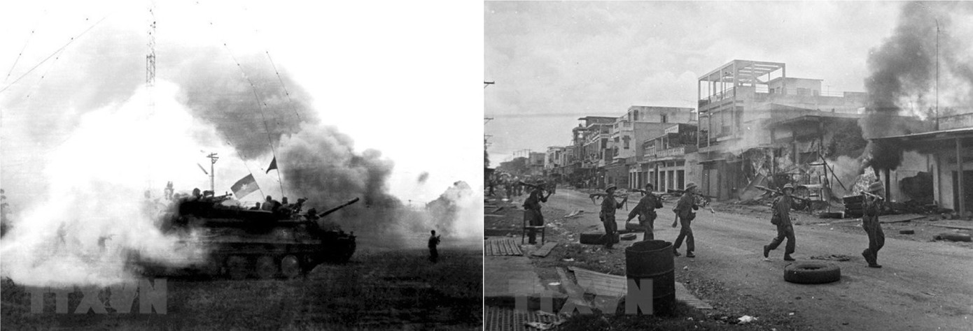 Ảnh trái: Ngày 9/4/1975, các đơn vị bộ binh và xe tăng thần tốc tiến về giải phóng Xuân Lộc - căn cứ phòng thủ trọng yếu của địch bảo vệ Sài Gòn từ phía Đông Bắc. Ảnh phải: Ngày 21/4, quân địch ở Xuân Lộc tháo chạy, cửa ngõ vào Sài Gòn từ hướng Đông Bắc đã được mở. Ngay khi mất Xuân Lộc, Tổng thống chính quyền Sài Gòn Nguyễn Văn Thiệu từ chức. Ảnh: TTXVN.