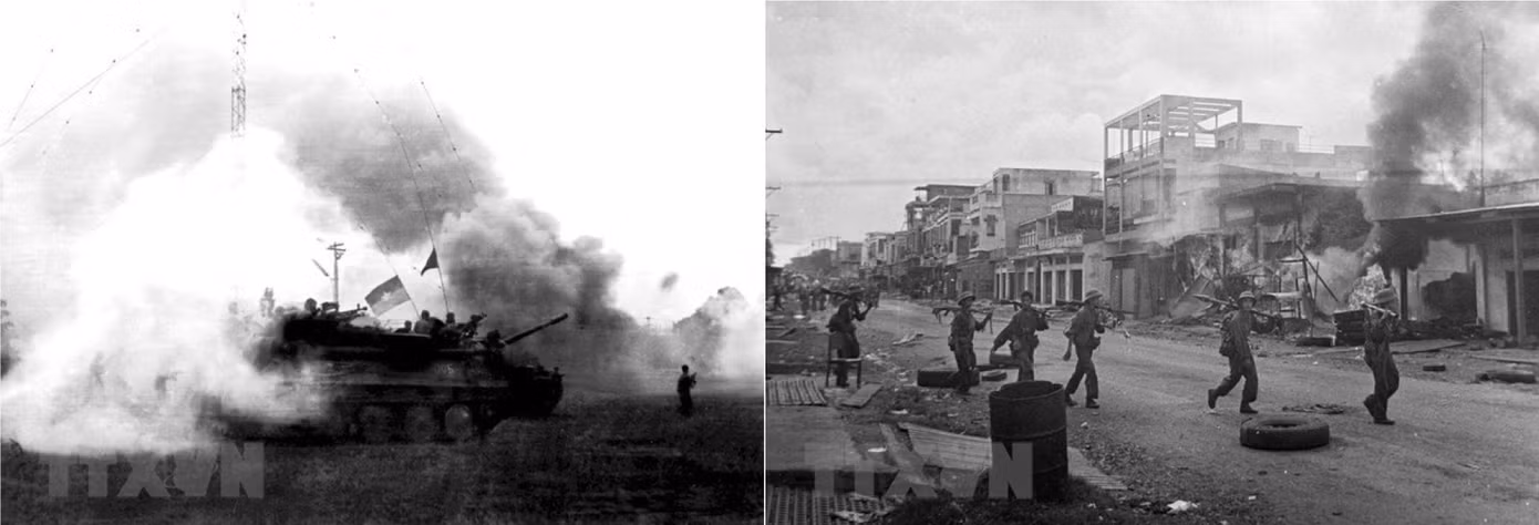 Ảnh trái: Ngày 9/4/1975, các đơn vị bộ binh và xe tăng thần tốc tiến về giải phóng Xuân Lộc - căn cứ phòng thủ trọng yếu của địch bảo vệ Sài Gòn từ phía Đông Bắc. Ảnh phải: Ngày 21/4, quân địch ở Xuân Lộc tháo chạy, cửa ngõ vào Sài Gòn từ hướng Đông Bắc đã được mở. Ngay khi mất Xuân Lộc, Tổng thống chính quyền Sài Gòn Nguyễn Văn Thiệu từ chức. Ảnh: TTXVN. Ảnh trái: Ngày 9/4/1975, các đơn vị bộ binh và xe tăng thần tốc tiến về giải phóng Xuân Lộc - căn cứ phòng thủ trọng yếu của địch bảo vệ Sài Gòn từ phía Đông Bắc. Ảnh phải: Ngày 21/4, quân địch ở Xuân Lộc tháo chạy, cửa ngõ vào Sài Gòn từ hướng Đông Bắc đã được mở. Ngay khi mất Xuân Lộc, Tổng thống chính quyền Sài Gòn Nguyễn Văn Thiệu từ chức. Ảnh: TTXVN.