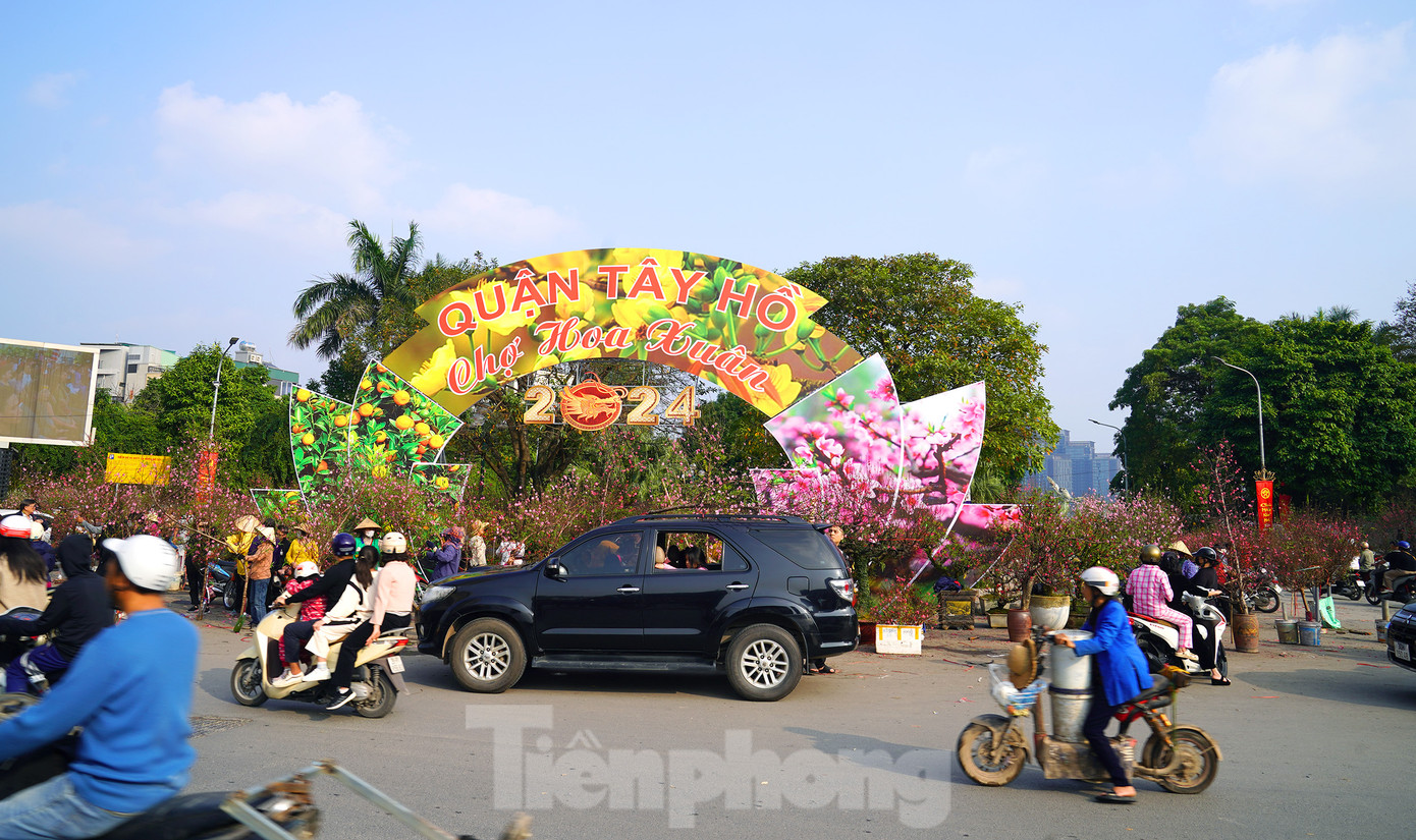 Càng cận Tết thị trường hoa Xuân càng trở nên sôi động. Tại khu vực Chợ hoa Xuân quận Tây Hồ, đường Lạc Long Quân (Tây Hồ - Hà Nội) tràn ngập bạt ngàn các loại hoa đào, cây quất đặc trưng.