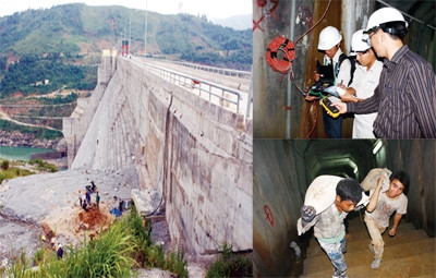 Đập thủy điện Sông Tranh 2 (ảnh lớn), quan trắc thu thập số liệu (ảnh nhỏ, trên) và dọn dẹp trong hầm đập thủy điện Sông Tranh 2. Ảnh: Nguyễn Thành .