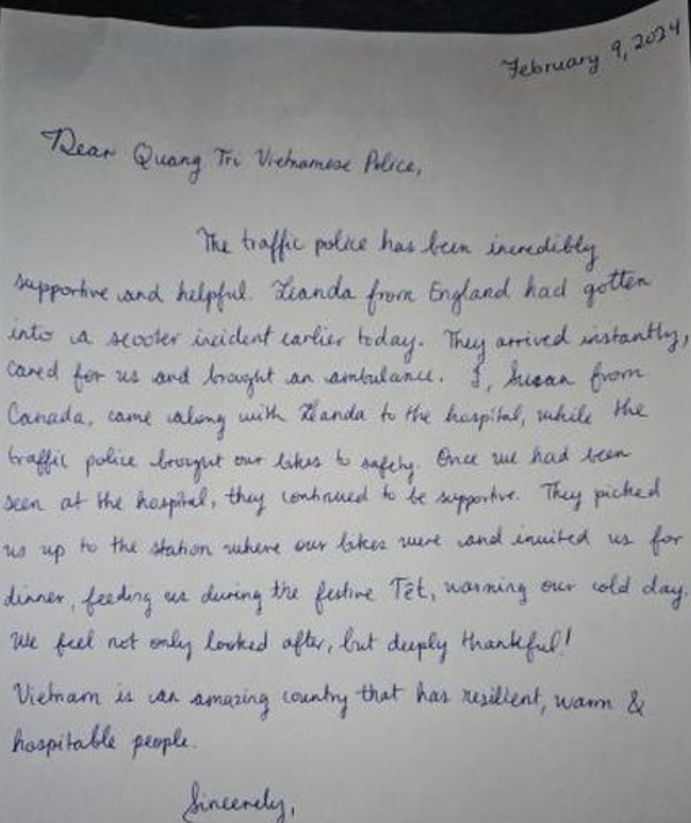 Thư của hai phụ nữ người nước ngoài cảm ơn CSGT Công an tỉnh Quảng Trị Thư của hai phụ nữ người nước ngoài cảm ơn CSGT Công an tỉnh Quảng Trị
