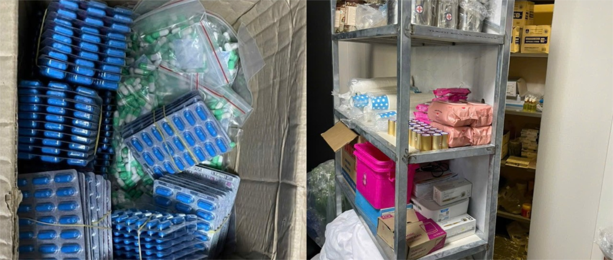 Căn phòng sau kệ đồ và các viên nhộng không rõ nguồn gốc, xuất xứ được ghi nhận tại cơ sở Công ty TNHH Phòng khám Quốc tế VHAN