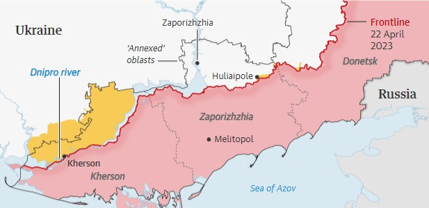 Vùng màu hồng là khu vực do Nga kiểm soát. Vùng màu vàng là khu vực Ukraine kiểm soát. Ngăn giữa hai vùng ở Kherson là sông Dnipro. (Đồ họa: The Guardian) Vùng màu hồng là khu vực do Nga kiểm soát. Vùng màu vàng là khu vực Ukraine kiểm soát. Ngăn giữa hai vùng ở Kherson là sông Dnipro. (Đồ họa: The Guardian)