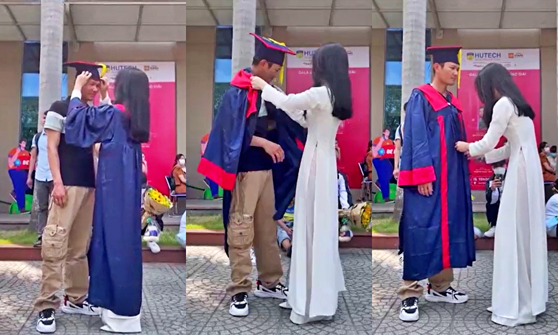 Sau đó, anh bất ngờ và hạnh phúc khi được em gái khoác lên người bộ đồ cử nhân.