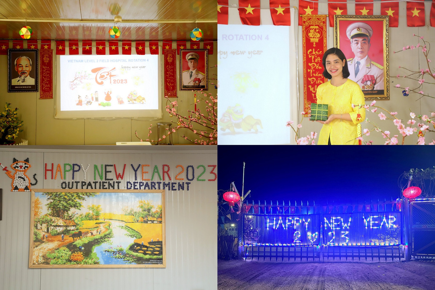 Từ bàn tay khéo léo của các cán bộ, nhân viên và ĐVTN bệnh viện, cảnh quan khu vực đơn vị đóng quân ở Bentiu, Nam Sudan đã được trang trí đèn ở cổng, treo cờ hoa, băng rôn cùng những nhành mai, cành đào tết...