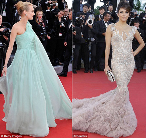 Nữ diễn viên Diane Kruger và "bà nội trợ" Eva Longoria trên thảm đỏ buổi công chiếu bộ phim Moonrise Kingdom mở màn LHP Cannes 2012. Nữ diễn viên Diane Kruger và