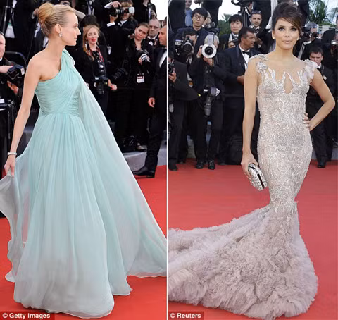 Nữ diễn viên Diane Kruger và "bà nội trợ" Eva Longoria trên thảm đỏ buổi công chiếu bộ phim Moonrise Kingdom mở màn LHP Cannes 2012. Nữ diễn viên Diane Kruger và