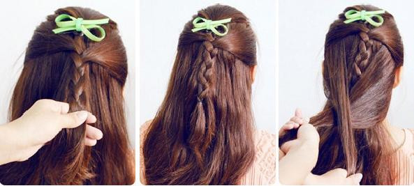 Dùng dây nơ buộc một lọn tóc ở giữa đầu sau đó tết cùng với hai lọn tóc hai bên. Cố định lọn tóc này lại, rồi lại tiếp tục tết nói phần tóc còn lại. Cuối cùng là điểm thêm nơ là bạn đã có một kiểu tóc cực mát mẻ cho mùa hè rồi đấy.