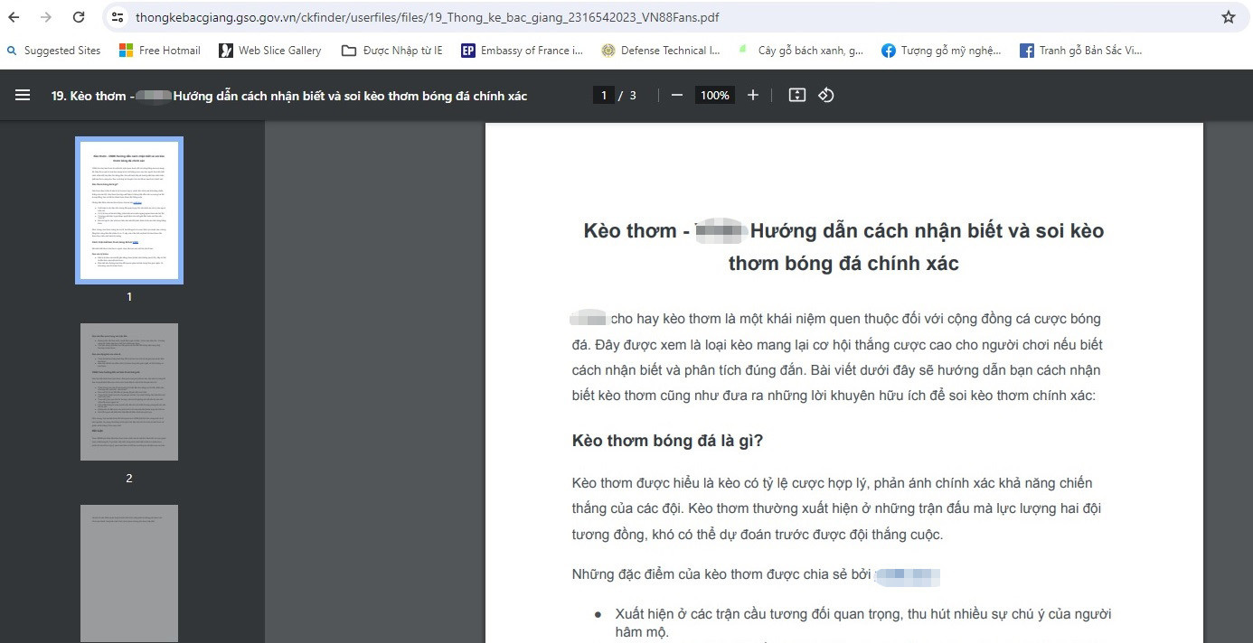Website của Cục Thống kê tỉnh Bắc Giang bị tấn công để quảng cáo cá cược bóng đá (Ảnh chụp màn hình tối 18/1/2024)