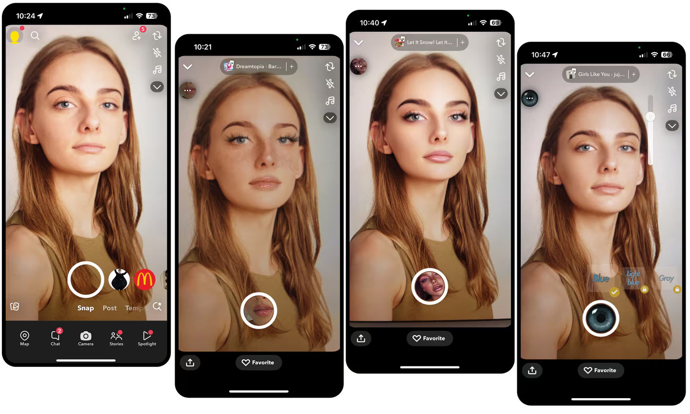 Bộ lọc làm đẹp Snapchat (từ trái sang phải): ảnh gốc, Glossy Babe, Glow Makeup và Eyelenses Bộ lọc làm đẹp Snapchat (từ trái sang phải): ảnh gốc, Glossy Babe, Glow Makeup và Eyelenses