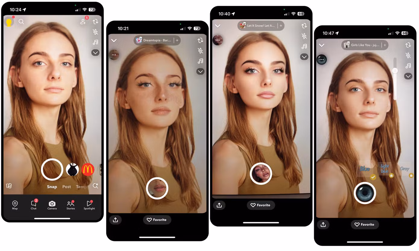Bộ lọc làm đẹp Snapchat (từ trái sang phải): ảnh gốc, Glossy Babe, Glow Makeup và Eyelenses Bộ lọc làm đẹp Snapchat (từ trái sang phải): ảnh gốc, Glossy Babe, Glow Makeup và Eyelenses