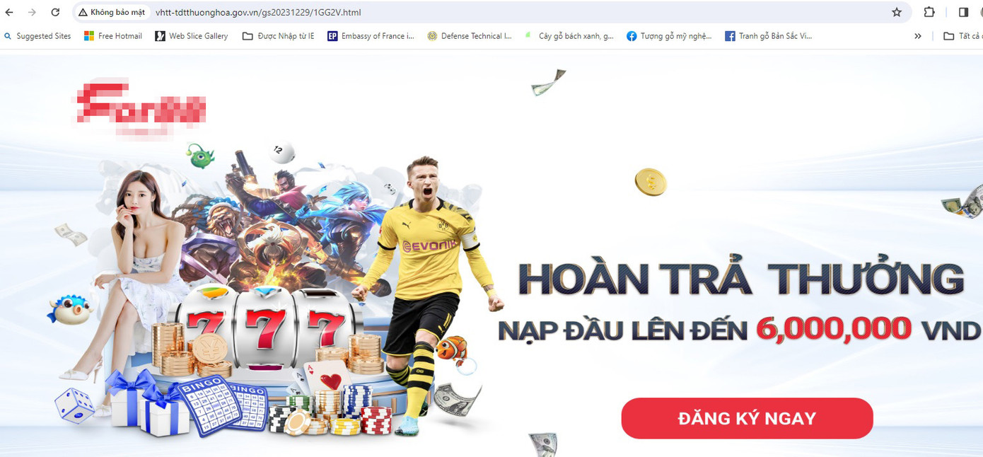 Website Trung tâm VHTT-TDTT huyện Hướng Hóa, tỉnh Quảng Trị bị tấn công để quảng cáo đánh bạc, cá độ trực tuyến (Ảnh chụp màn hình tối 18/1/2024)