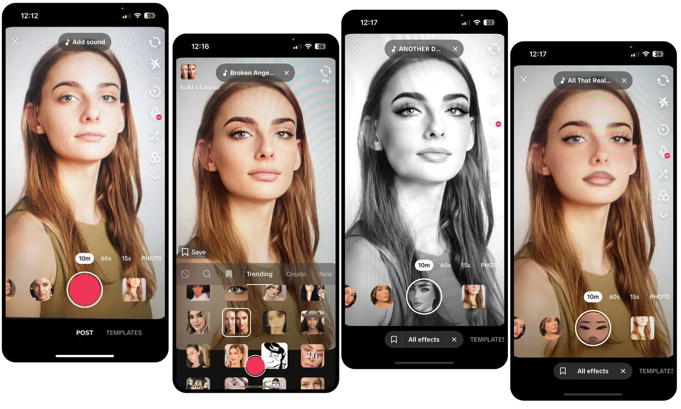 Bộ lọc hiệu ứng TikTok (từ trái sang phải): ảnh gốc, Bold Glamour, Lông mi BW x Drama và Roblox Makeup Bộ lọc hiệu ứng TikTok (từ trái sang phải): ảnh gốc, Bold Glamour, Lông mi BW x Drama và Roblox Makeup