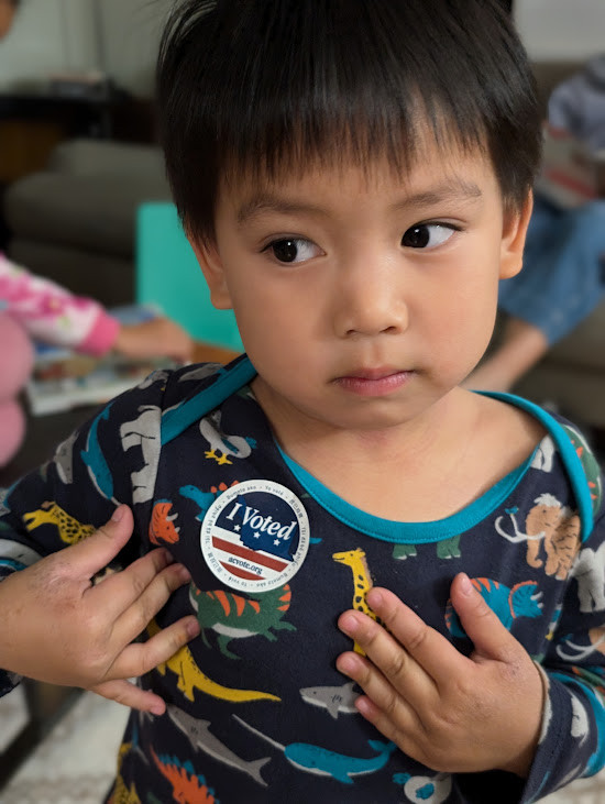 Bé trai ở khu vực vịnh San Francisco (bang California), quê của ứng viên đảng Dân chủ Kamala Harris, dán sticker bỏ phiếu bầu cử tổng thống Mỹ. Ảnh: Dong Ngo