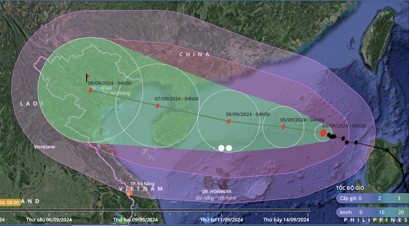 Dự báo đường đi của bão số 3 (YAGI) đến chiều ngày 4/9. Nguồn: Hệ thống giám sát thiên tai Việt Nam