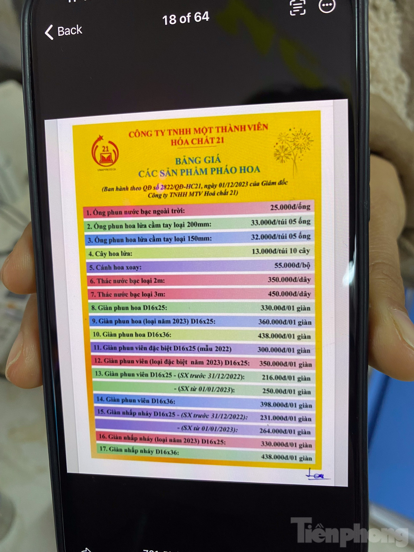 Báo giá chi tiết các sản phẩm pháo hoa được nhà máy Z121 sản xuất. Ảnh: Trần An. Báo giá chi tiết các sản phẩm pháo hoa được nhà máy Z121 sản xuất. Ảnh: Trần An.