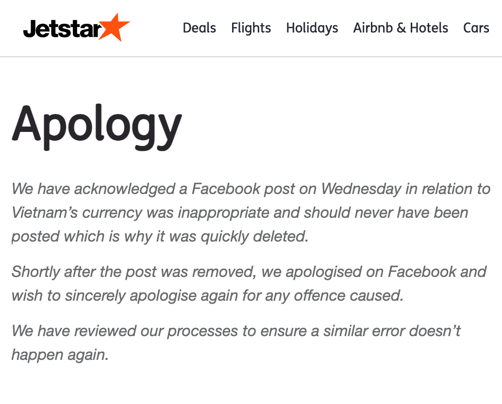 Jetstar đăng tải lời xin lỗi tới toàn thể khách hàng trên trang chủ chính thức. Jetstar đăng tải lời xin lỗi tới toàn thể khách hàng trên trang chủ chính thức.