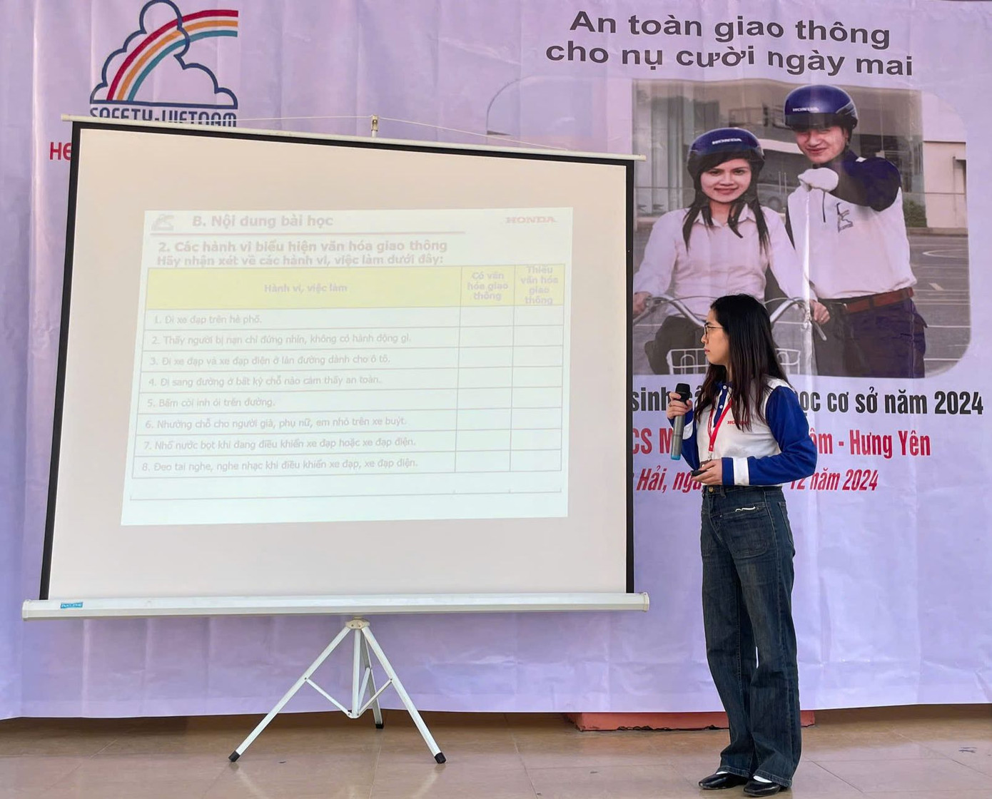 Các cán bộ, thầy cô giáo, phụ huynh và 967 học sinh được tham gia Đào tạo lý thuyết về Luật giao thông, Phổ biến kỹ năng lái xe an toàn... ; Đào tạo thực hành cách nhận biết hệ thống báo hiệu đường bộ, thực hành đội mũ bảo hiểm đúng cách, hướng dẫn đi xe đạp xe và đạp điện an toàn...