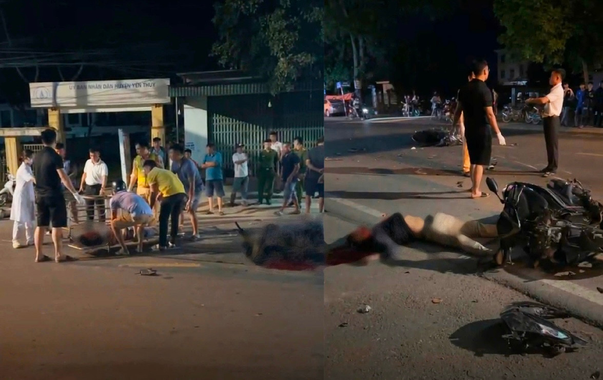 Hiện trường vụ tai nạn ngay trước cổng Trung tâm Y tế huyên Yên Thủy khiến 2 người tử vong.