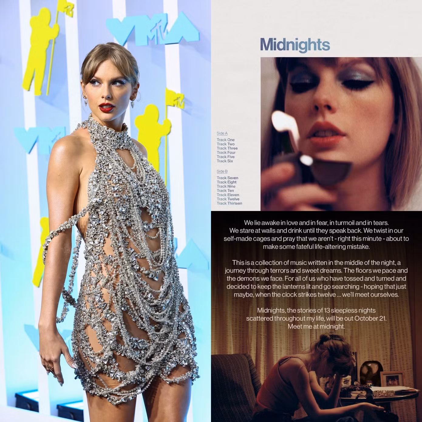 Tại VMAs 2022, Taylor Swift tranh thủ công bố luôn sắp ra mắt album mới Midnights với 13 ca khúc trong bài phát biểu nhận giải Video Của Năm.