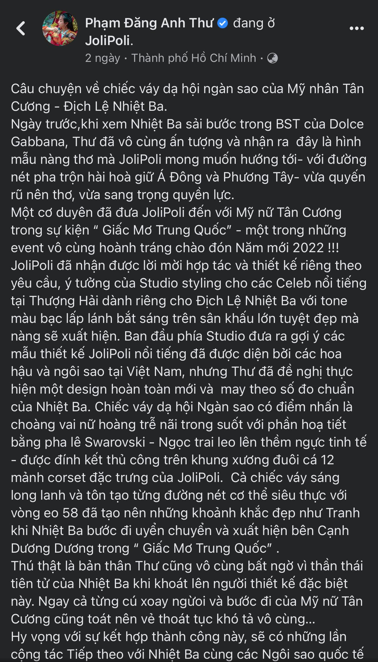 Chia sẻ của NTK Phạm Đăng Anh Thư trên trang cá nhân.