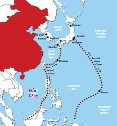 Bản đồ thể hiện chuỗi đảo thứ nhất và thứ 2 của Mỹ