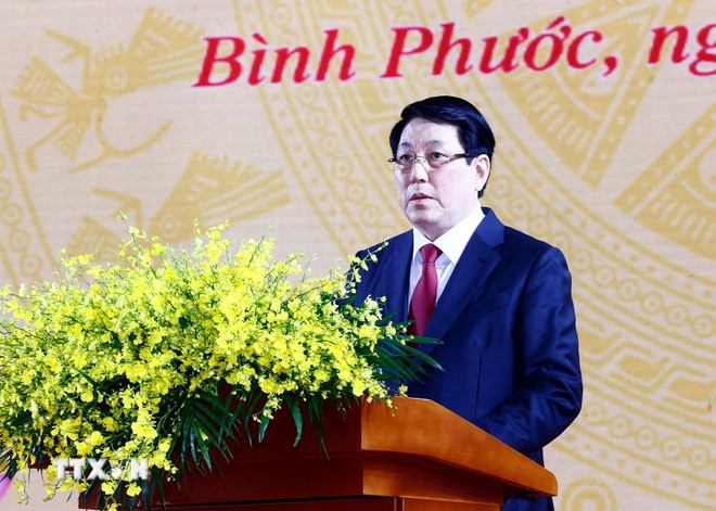 Chủ tịch nước Lương Cường phát biểu tại lễ kỷ niệm 50 năm Ngày giải phóng tỉnh Bình Phước sáng 23/3 (ảnh: TTXVN).