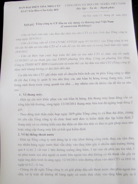Đơn kiến nghị của các hộ dân chung cư CT3 (Yên Hòa - Cầu Giấy)