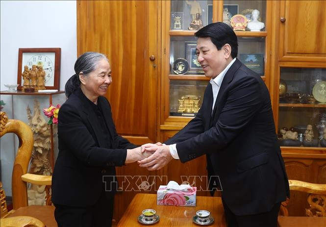 Chủ tịch nước Lương Cường thăm hỏi, chúc Tết bà Ngô Thị Mận - phu nhân cố Tổng Bí thư Nguyễn Phú Trọng. Ảnh: TTXVN. Chủ tịch nước Lương Cường thăm hỏi, chúc Tết bà Ngô Thị Mận - phu nhân cố Tổng Bí thư Nguyễn Phú Trọng. Ảnh: TTXVN.