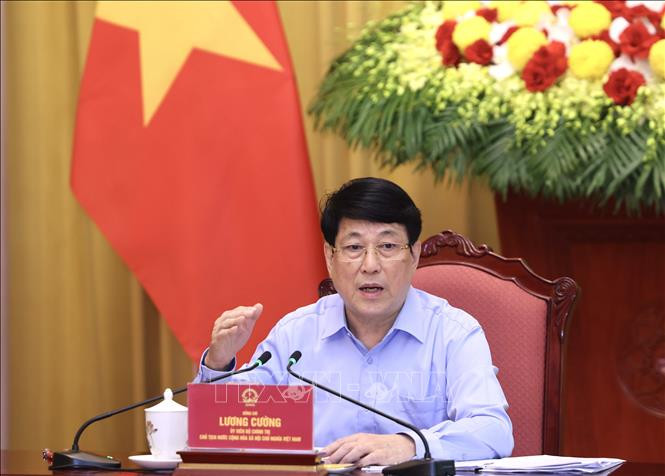 Chủ tịch nước Lương Cường phát biểu tại cuộc họp. Ảnh: TTXVN.