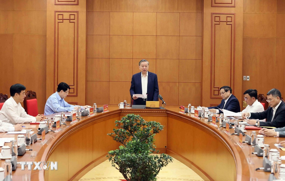 Tổng Bí thư Tô Lâm, Trưởng Tiểu ban Nhân sự Đại hội XIV của Đảng chủ trì phiên họp. Ảnh: TTXVN.