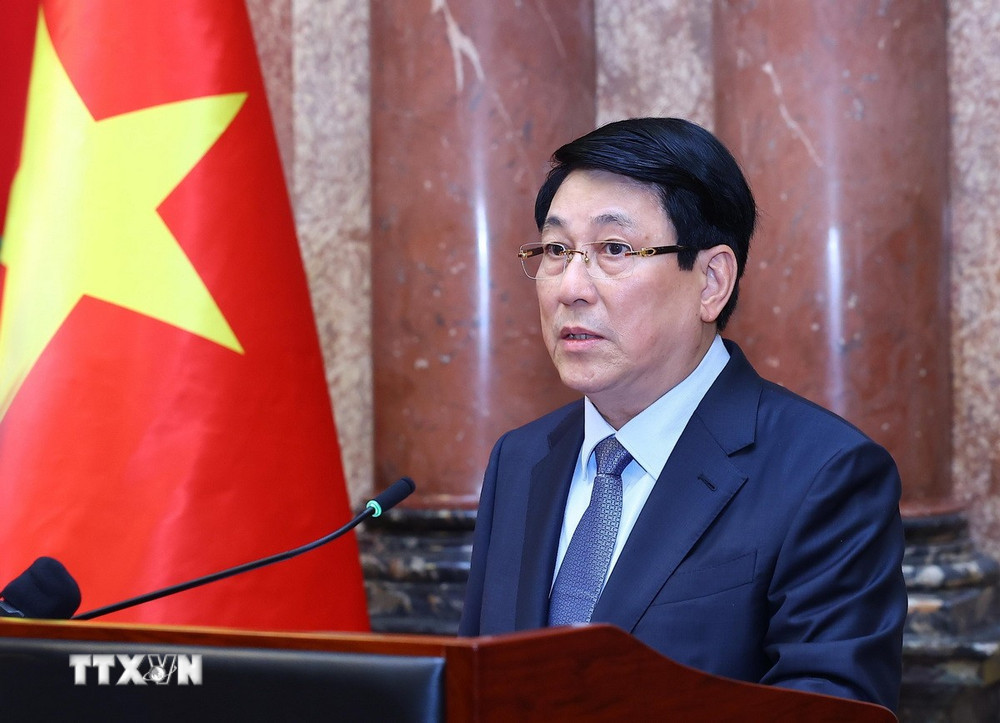 Chủ tịch nước Lương Cường phát biểu tại buổi lễ. Ảnh: TTXVN.