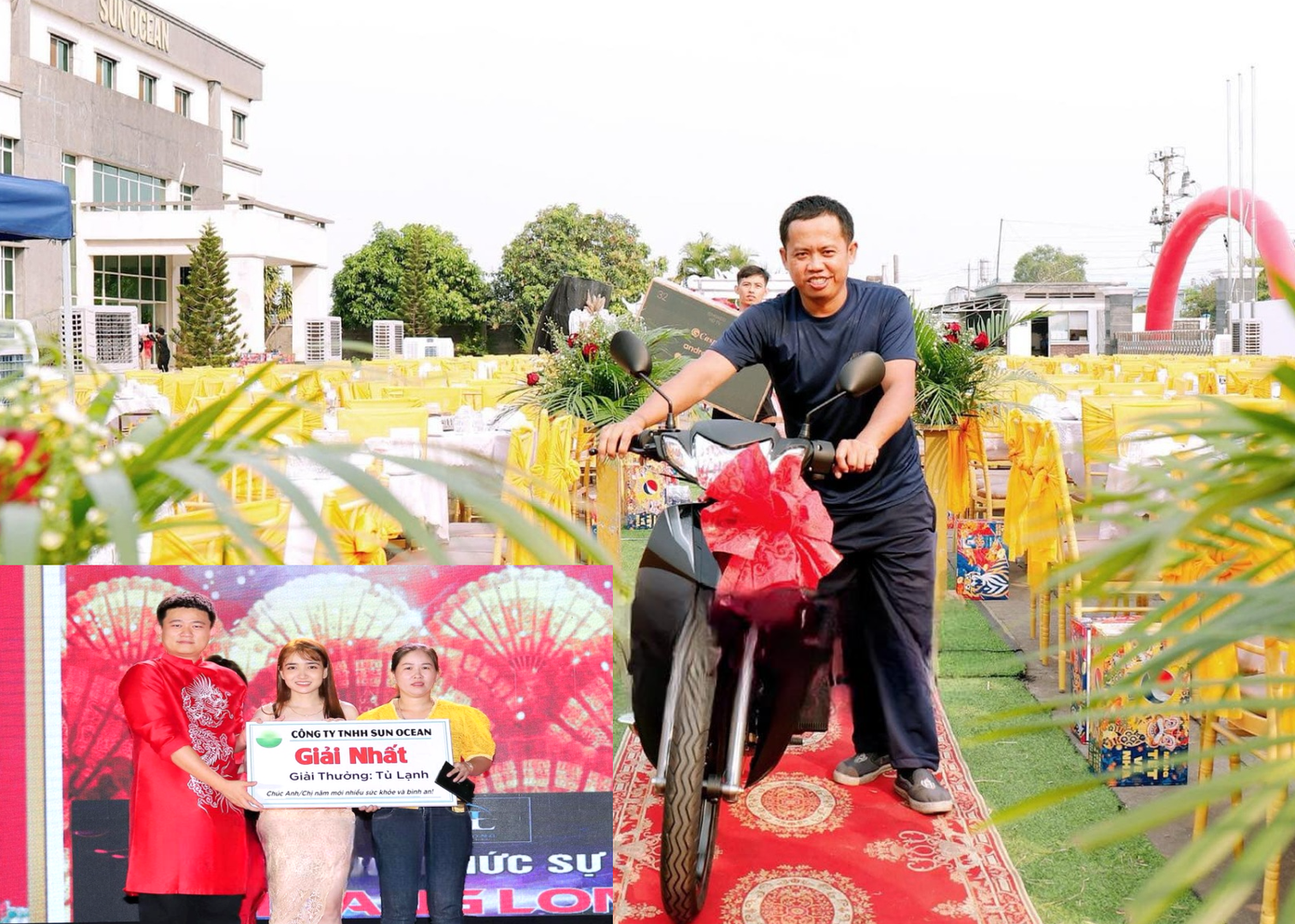 Công nhân Công ty TNHH Sun Ocean Việt Nam nhận quà trúng thưởng tại tiệc tất niên.