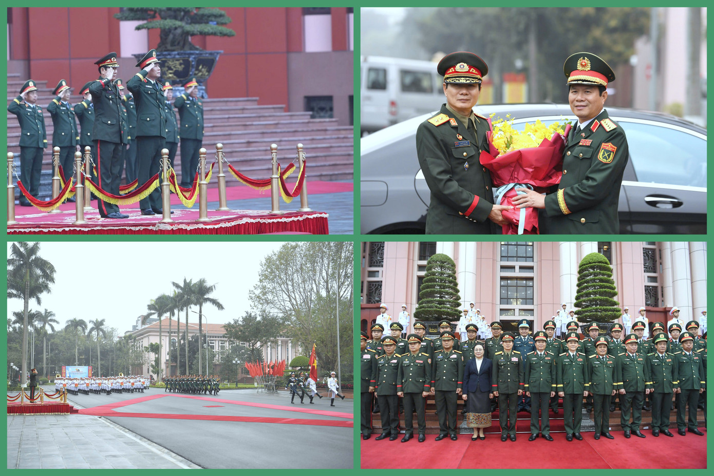 Đại tướng Nguyễn Tân Cương và các tướng lĩnh Việt Nam đón Trung tướng Saichay Kommasith và đoàn đại biểu quân sự cấp cao QĐND Lào tới Hà Nội dự hội đàm.