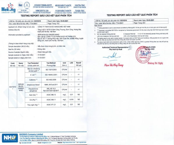 Giấy kiểm định hóa lý độ an toàn của dầu gội ngải cứu Mộc Nhu