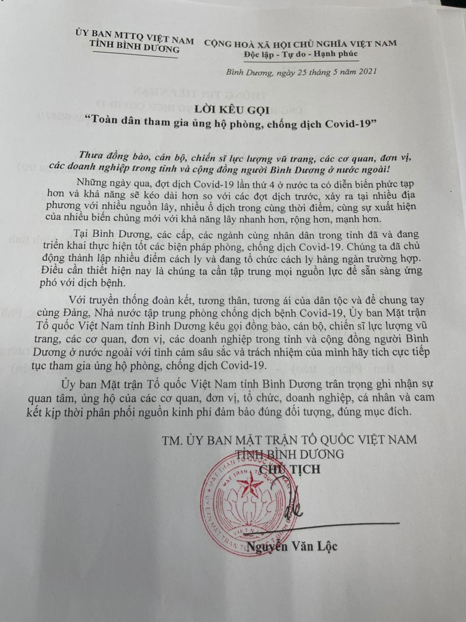 Thư kêu gọi của tỉnh Bình Dương