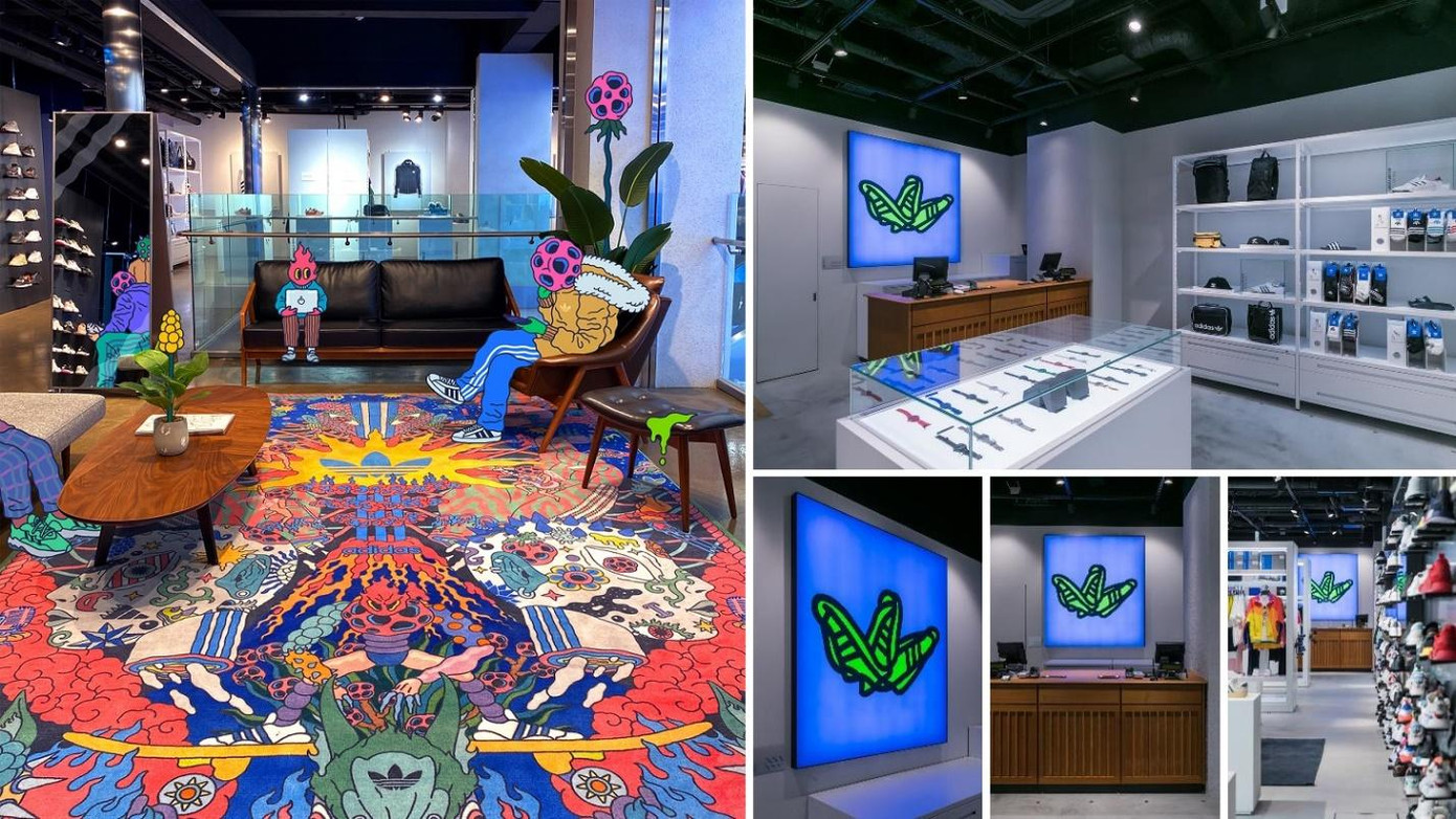 Thiết kế nghệ thuật (từ trái qua phải) tại cửa hàng adidas Originals Hongdae Seoul (Hàn Quốc) và Tokyo (Nhật Bản)