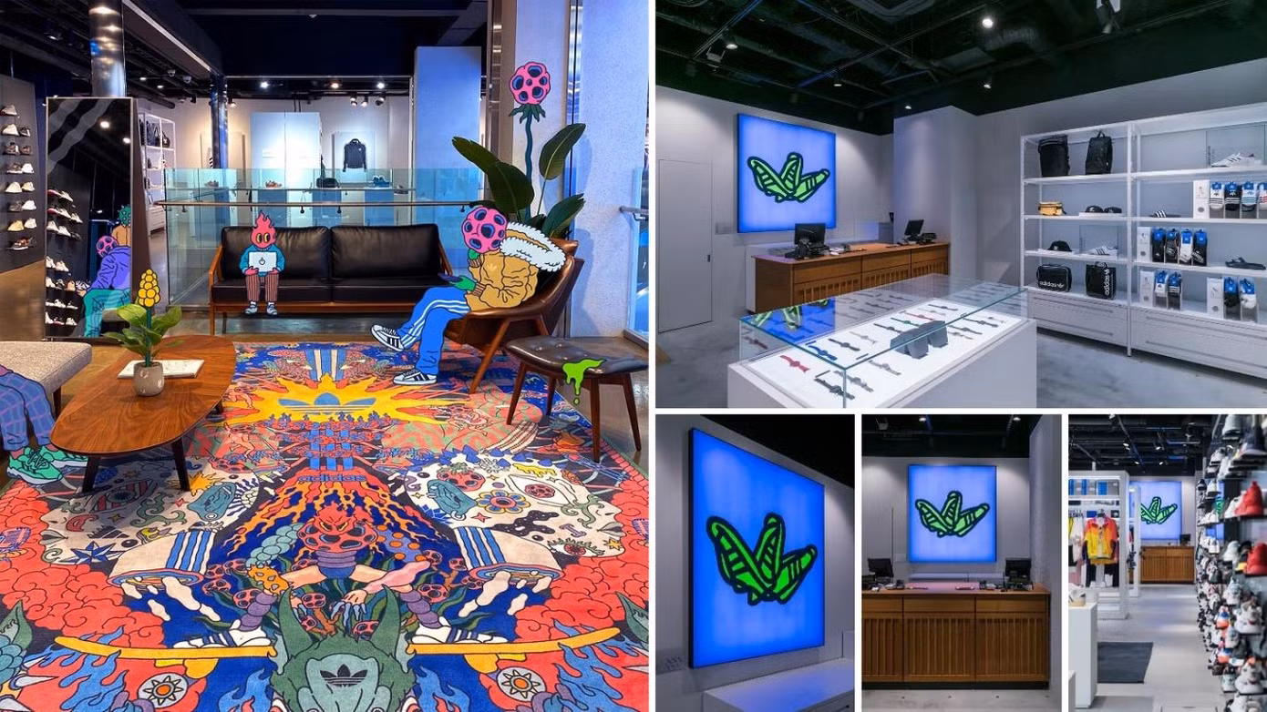 Thiết kế nghệ thuật (từ trái qua phải) tại cửa hàng adidas Originals Hongdae Seoul (Hàn Quốc) và Tokyo (Nhật Bản) Thiết kế nghệ thuật (từ trái qua phải) tại cửa hàng adidas Originals Hongdae Seoul (Hàn Quốc) và Tokyo (Nhật Bản)