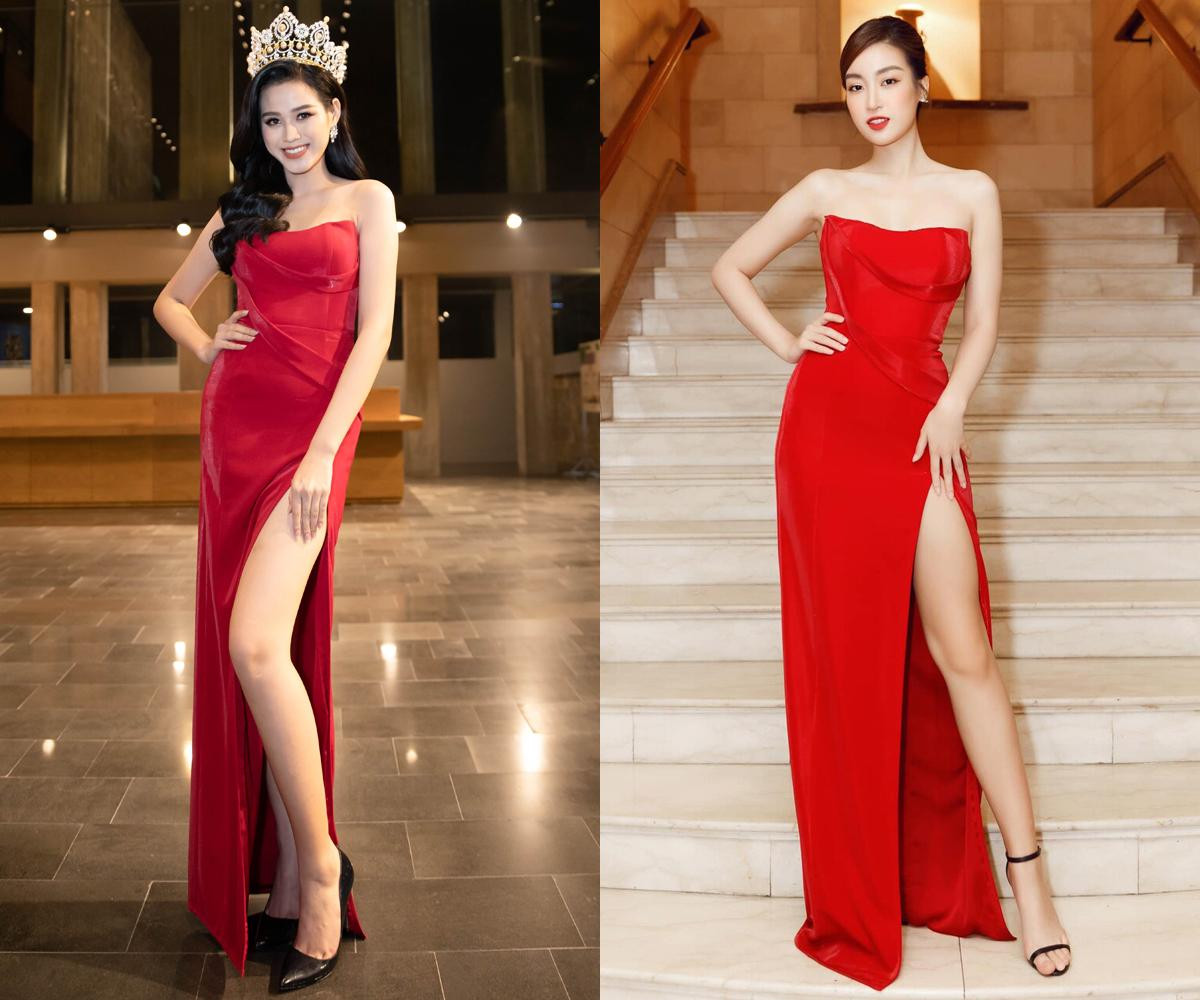 Xuất hiện trong một sự kiện, Hoa hậu Đỗ Thị Hà diện bộ váy dạ hội đỏ rực xẻ đùi cực quyến rũ. Trước đó, Hoa hậu Đỗ Mỹ Linh cũng từng mặc thiết kế này ở một sự kiện.