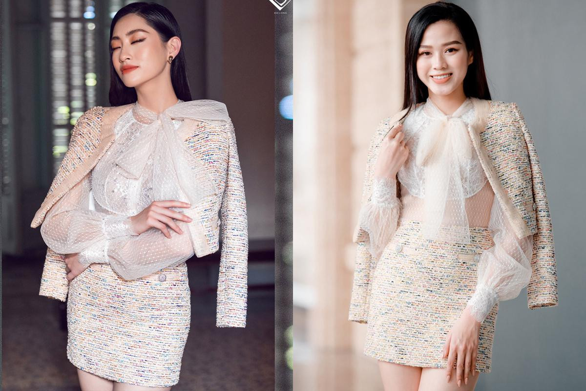 Lần 'đụng hàng' tiếp theo của Đỗ Thị Hà chính là với đàn chị Lương Thùy Linh khi cả hai cùng diện thiết kế vải tweed thanh lịch, kín đáo.