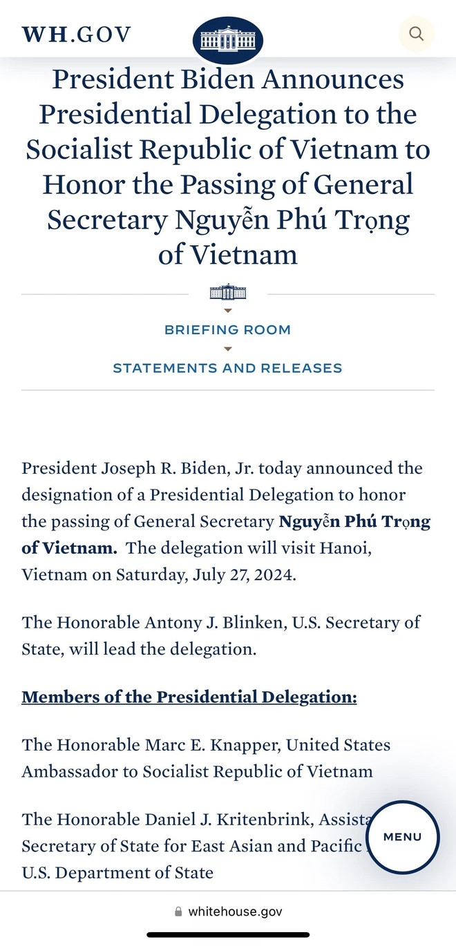 Tuyên bố của Nhà Trắng cử phái đoàn đại diện Tổng thống Hoa Kỳ sang Việt Nam viếng Tổng Bí thư Nguyễn Phú Trọng. (Ảnh: TTXVN phát). Tuyên bố của Nhà Trắng cử phái đoàn đại diện Tổng thống Hoa Kỳ sang Việt Nam viếng Tổng Bí thư Nguyễn Phú Trọng. (Ảnh: TTXVN phát).