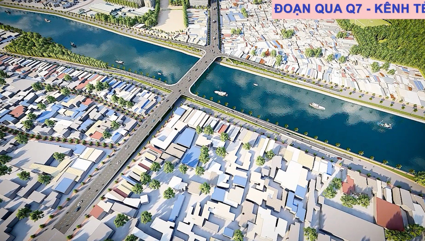 Cầu - đường Nguyễn Khoái có phần cầu dài khoảng 2,5 km; phần đường dài hơn 2,3 km; các nhánh cầu dẫn có tổng chiều dài hơn 1,3 km. (Hình ảnh phối cảnh: Đoạn qua quận 7 - kênh Tẻ) Cầu - đường Nguyễn Khoái có phần cầu dài khoảng 2,5 km; phần đường dài hơn 2,3 km; các nhánh cầu dẫn có tổng chiều dài hơn 1,3 km. (Hình ảnh phối cảnh: Đoạn qua quận 7 - kênh Tẻ)