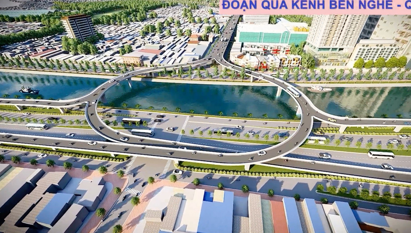 Nhánh cầu chính sẽ xây dựng cầu vượt kênh Tẻ, tiếp tục đi trên cao bằng cầu cạn theo đường Nguyễn Khoái, sau đó vượt rạch Bến Nghé để kết nối vào đường Võ Văn Kiệt theo hai nhánh cầu riêng biệt N7 và N8. Dự án cũng có 8 cầu bộ hành kết nối với các tuyến đường. (Ảnh phối cảnh: Đoạn qua kênh Bến Nghé, quận 1) Nhánh cầu chính sẽ xây dựng cầu vượt kênh Tẻ, tiếp tục đi trên cao bằng cầu cạn theo đường Nguyễn Khoái, sau đó vượt rạch Bến Nghé để kết nối vào đường Võ Văn Kiệt theo hai nhánh cầu riêng biệt N7 và N8. Dự án cũng có 8 cầu bộ hành kết nối với các tuyến đường. (Ảnh phối cảnh: Đoạn qua kênh Bến Nghé, quận 1)