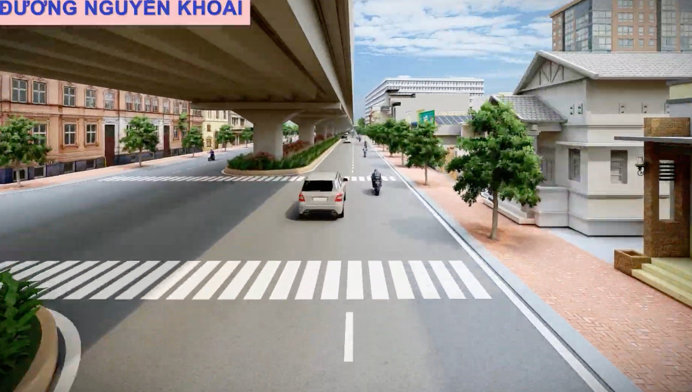 Phối cảnh phần đường Nguyễn Khoái và đường dẫn lên cầu. Phối cảnh phần đường Nguyễn Khoái và đường dẫn lên cầu.