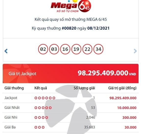 Kết quả xổ số Vietlott Mega 6/45 tối 8/12, Vietlott đã tìm được chủ nhân chiếc vé trúng Jackpot trị giá hơn 98 tỷ đồng.